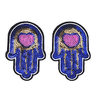 Computerized Embroidery Cloth Iron On Patches, with Paillette, Costume Accessories, Appliques, Hamsa Hand/Hand of Fatima/Hand of Miriam with Heart, Blue, 79.5x52x1.5mm(FIND-T030-115)