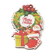 Christmas Theme Wood Printed Brooches for Women, Iron Pins, Christmas Wreath, 55x37mm, hole: 2mm(JEWB-Z029-01E)