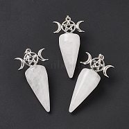 Natural Quartz Crystal Pendants, Rock Crystal Pendants, Cone Charms, with Platinum Tone Brass Triple Moon with Star Findings, Cadmium Free & Nickel Free & Lead Free, 47~50x23x14.5~15mm, Hole: 7.5x5mm(G-P484-02P-05)