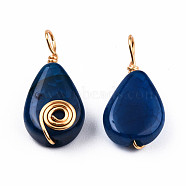 Natural Agate Pendants, with Light Gold Plated Brass Findings, Teardrop Charm, Dyed & Heated, Prussian Blue, 27~29x12.5~13.5x6~7mm, Hole: 4mm(G-N326-137-04)