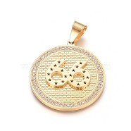 Ion Plating(IP) 304 Stainless Steel Pendants, with Crystal Rhinestone, Flat Round with Number 66, Golden, 48.5x44x3mm, Hole: 7.5x11.5mm(STAS-E485-01G)