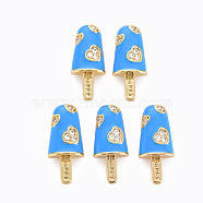 Brass Micro Pave Clear Cubic Zirconia Pendants, with Enamel, Cadmium Free & Nickel Free & Lead Free, Real 16K Gold Plated, Ice Cream with Word Happy, Dodger Blue, 20x8.5x3.5mm, Hole: 3.5x2mm(ZIRC-S067-023N-NR)
