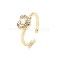 Clear Cubic Zirconia Heart Open Cuff Ring, Brass Jewelry for Women, Real 18K Gold Plated, Inner Diameter: 18mm(RJEW-B028-08G)