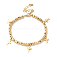 Vacuum Plating 304 Stainless Steel Cross Charm Bracelet with 201 Stainless Steel Round Beads for Women, Golden, 8-1/2 inch(21.6cm)(BJEW-B057-24G)