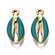 304 Stainless Steel Pendants, with Enamel, Spiral Shell, Golden, Dark Cyan, 17x8x3.5mm, Hole: 1mm(STAS-T052-42A)