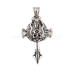304 Stainless Steel Pendants, Cross with Wing & Skull Charm, Antique Silver, 48x30.5x6mm, Hole: 9x5mm(STAS-K283-10AS)