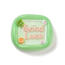 Square Cartoon Word Good Luck Opaque Resin Decoden Cabochons, Green, 24x27x6.5mm(RESI-R447-02E)