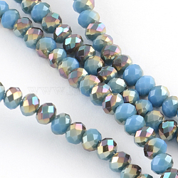 Electroplate Glass Faceted Rondelle Bead Strands, Half Rainbow Plated, Light Sky Blue, 8x6mm, Hole: 1mm, about 72pcs/strand, 17.3 inch(X-EGLA-Q054-8mm-07)