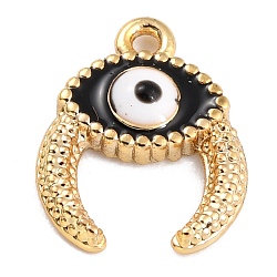 Golden Brass Enamel Pendants, Long-Lasting Plated, Evil Eye with Ox Horn, Black, 11.5x9x2mm, Hole: 1mm(KK-P197-11C-G)