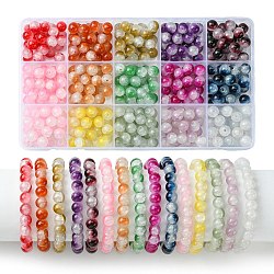 375Pcs 15 Colors Crackle Baking Painted Imitation Jade Glass Beads Sets, Two Tone, Round, Mixed Color, 8mm, Hole: 1.5mm, 25pcs/color(DGLA-FS0001-06)