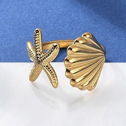 304 Stainless Steel Starfish & Shell Open Cuff Rings for Women, Real 18K Gold Plated, Inner Diameter: 18mm(RJEW-C095-09G)