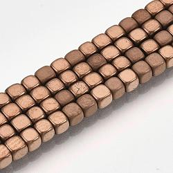 Electroplate Non-magnetic Synthetic Hematite Bead Strands, with Matte Style, Cube, Copper Plated, 3x3x3mm, Hole: 1mm, about 142pcs/strand, 15.7 inch(G-Q467-11E)