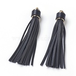 PU Leather Cord Tassel Big Pendants, with Plastic Clasps, Black, 110~115x15mm, Hole: 4mm(IFIN-F149-I03)