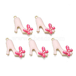 Rack Plating Alloy Enamel Pendants, Cadmium Free & Nickel Free & Lead Free, High Heels with Deep Pink Bowknot, Pink, 25x15x3.8mm, Hole: 1.2mm(ENAM-T011-131A)
