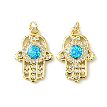 Brass Micro Pave Cubic Zirconia Pendants, with Synthetic Opal and Jump Ring, Hamsa Hand, Real 18K Gold Plated, 22x15x3mm, Hole: 3.5mm