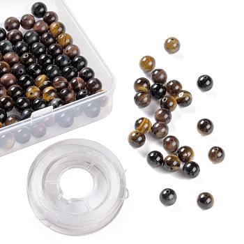 100Pcs 8mm Natural Tiger Eye Round Beads, with 10m Elastic Crystal Thread, for DIY Stretch Bracelets Making Kits, 8mm, Hole: 1mm