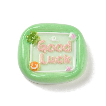 Square Cartoon Word Good Luck Opaque Resin Decoden Cabochons, Green, 24x27x6.5mm