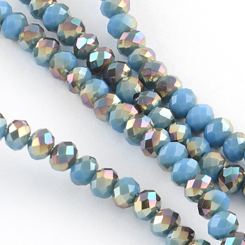 Electroplate Glass Faceted Rondelle Bead Strands, Half Rainbow Plated, Light Sky Blue, 8x6mm, Hole: 1mm, about 72pcs/strand, 17.3 inch
