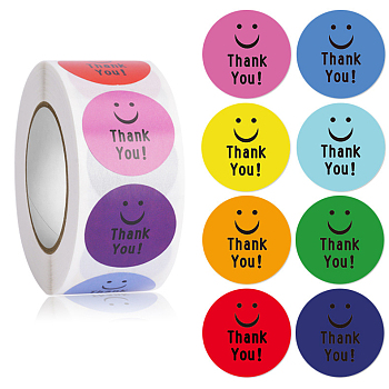 8 Colors Round Dot Paper Self Adhesive Thank You Sticker Rolls, Rainbow Color Smiling Face Decals, for DIY Art Craft, Scrapbooking, Greeting Cards, Colorful, 2.5cm, 500pcs/roll