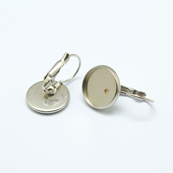 304 Stainless Steel Leverback Earring Settings, Flat Round, Stainless Steel Color, Tray: 14mm, 26.5x16x2mm, Pin: 1mm