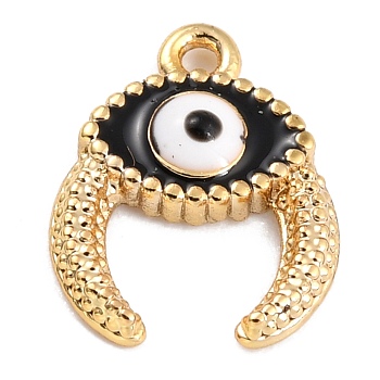 Golden Brass Enamel Pendants, Long-Lasting Plated, Evil Eye with Ox Horn, Black, 11.5x9x2mm, Hole: 1mm