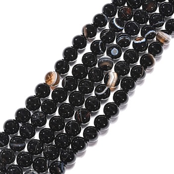 Natural Striped Agate/Banded Agate Beads Strands, Round, Dyed, Black, 8mm, Hole: 1mm, about 48pcs/strand, 15.5 inch