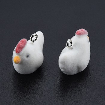 Opaque Resin Pendants, with Platinum Tone Iron Loops, Flocky Chook Charms, White, 19.5~21x24.5~25.5x15mm, Hole: 2.5mm