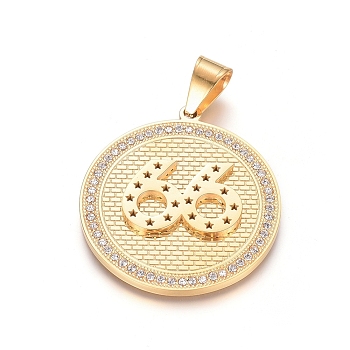 Ion Plating(IP) 304 Stainless Steel Pendants, with Crystal Rhinestone, Flat Round with Number 66, Golden, 48.5x44x3mm, Hole: 7.5x11.5mm