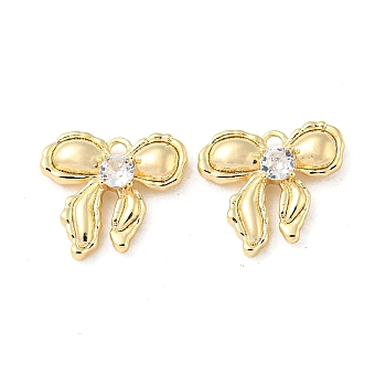 Rack Plating Brass Pendants, with Glass, Bowknot Charms, Real 18K Gold Plated, 14x15x3mm, Hole: 1.4mm