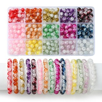 375Pcs 15 Colors Crackle Baking Painted Imitation Jade Glass Beads Sets, Two Tone, Round, Mixed Color, 8mm, Hole: 1.5mm, 25pcs/color