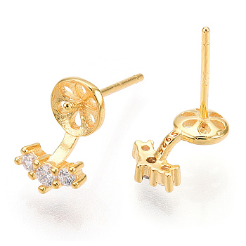 925 Sterling Silver Stud Earring Findings Micro Pave Cubic Zirconia, for Half Drilled Beads, with S925 Stamp, Crown, Real 18K Gold Plated, 10x6x2mm, Pin: 0.7×12mm