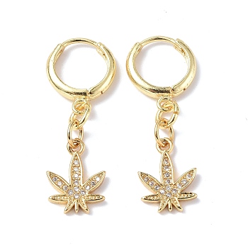 Clear Cubic Zirconia Maple Leaf Dangle Hoop Earrings, Rack Plating Brass Jewelry for Women, Golden, 32mm, Pin: 0.9mm