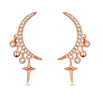 SHEGRACE Brass Dangle Stud Earrings, Asymmetrical Earrings, with 925 Sterling Silver Pins and Grade AAA Cubic Zirconia, Moon with Star, Rose Gold, 29x12mm