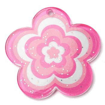 Acrylic Pendants with Glitter Powder, Flower, Pearl Pink, 30.5x31.5x1.8mm, Hole: 1.8mm