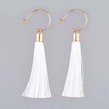 Brass Stud Earring, with Polyester Tassel Pendants and Ear Nuts, White, 80mm, Pin: 0.6mm