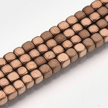 Electroplate Non-magnetic Synthetic Hematite Bead Strands, with Matte Style, Cube, Copper Plated, 3x3x3mm, Hole: 1mm, about 142pcs/strand, 15.7 inch