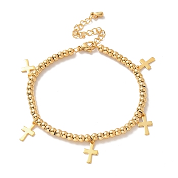 Vacuum Plating 304 Stainless Steel Cross Charm Bracelet with 201 Stainless Steel Round Beads for Women, Golden, 8-1/2 inch(21.6cm)