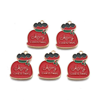 Rack Plating Alloy Enamel Charms, Cadmium Free & Nickel Free & Lead Free, Light Gold, Bag with Word Merry Christmas, Dark Red, 21x16x1.5mm, Hole: 1.2mm