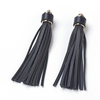 PU Leather Cord Tassel Big Pendants, with Plastic Clasps, Black, 110~115x15mm, Hole: 4mm