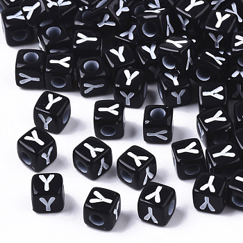 Opaque Acrylic Beads, Horizontal Hole, Alphabet Style, Cube, Black & White, Letter.Y, 5x5x5mm, Hole: 2mm, about 5000pcs/500g
