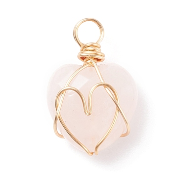 Natural Rose Quartz Pendants, Twisted with Golden Tone Copper Wire, Facted, Heart, 23x15x8.5mm, Hole: 3mm