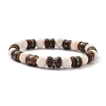 Natural Lava Rock(Dyed) Stretch Bracelets, with Natural Coconut Beads and Non-magnetic Synthetic Hematite Beads, Inner Diameter: 2-1/8 inch(5.5cm)