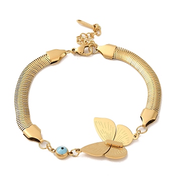 304 Stainless Steel Enamel Herringbone Chain Bracelets, Evil Eye & Butterfly Link Bracelets for Women, Golden, 9-1/2 inch(24cm)