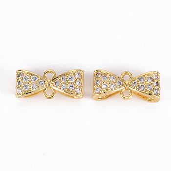 Brass Micro Pave Clear Cubic Zirconia Link Connectors, Nickel Free, Bowknot, Real 18K Gold Plated, 6.5x14.5x5mm, Hole: 1.2mm