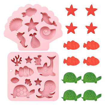 2Pcs 2 Styles Sea Animal Food Grade Silicone Molds, Fondant Molds, For DIY Cake Decoration, Chocolate, Candy, UV Resin & Epoxy Resin Jewelry Making, Pink, 140~149x158~175x15~16mm, 1pc/style