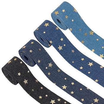 4M 4 Colors Polyester Denim Ribbon, Gold Stamping Star Ribbon, Garment Accessories, Mixed Color, 1 inch(25mm), 1m/color