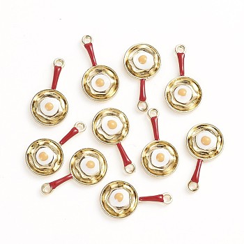 Alloy Enamel Pendants, Pan with Poached Egg, Golden, for DIY Jewelry Making, Red, 27x15x5mm, Hole: 2mm