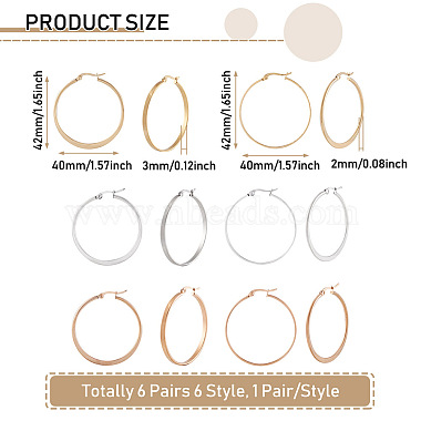 Pandahall 6 Pairs 6 Style 304 Titanium Steel Flattened Big Hoop Earrings for Women(STAS-TA0001-89)-3