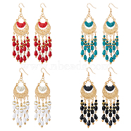4 Pairs 4 Colors Glass Seed Beaded Tassel Chandelier Earrings, Golden Alloy Horn Long Drop Earrings, Mixed Color, 109x27.5mm, 1 Pair/color(EJEW-FI0002-40)