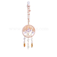 Natural Rose Quartz Chips Flat Round with Tree of Life Pendant Decorations, with Glass Horse Eye/Heart/Flower Bead, for Home, Car Interior Ornaments, 350mm(TREE-PW0003-16)